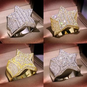 Mens Guld Ring Stenar Iced Out Fem-spetsiga Star Fashion Hip Hop Silver Rings Smycken