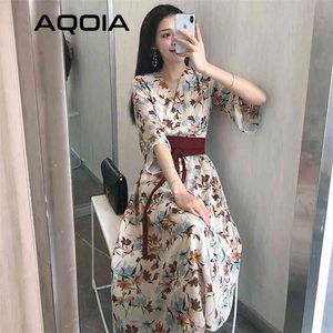 Japan Style Women Chiffon Sashes Maxi Dress Summer V-neck Flare Sleeve Floral Dresses Ladies Elegant Kimono Robe 210521