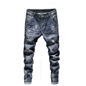 Biker Jeans Männer Dunkelblau Stretch Slim Fit Ripped Distressed Streetwear Denim Hosen Casual Retro Mann Hosen Hiphop Jean Homme x0621