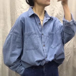 Johnature Women Autumn Denim Shirts Solid Color Loose Blouses Fall Turn-down Collar Vintage Female Tops Korean Style Shirts 210521