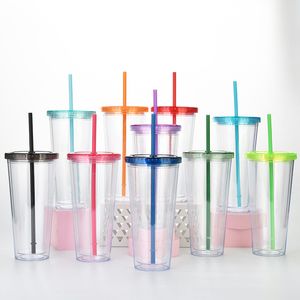 24 oz klara plast tumblers kopp dubbel vägg plast kall dryck tumbler med halm och lock wll886