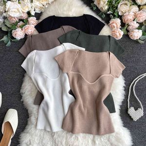 Women V-neck Knitted Short Sleeve Draw String T-shirts Crop Tops Girls Knitting Stretchy Cropped Sheath Tee Shirts For Female Y0508