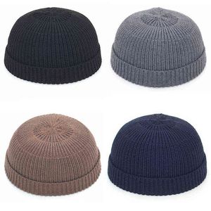 Women Winter Knitted Mens Hat Skullcap Male Beanie Hat Winter Short Brimless Melon Cap Docker Fisherman Knitted Hat Girls Y21111