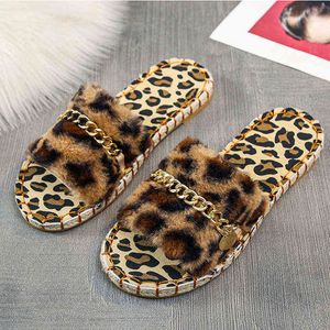 Slippers Furry Leopard Women Metal Chain Zebra Print Flats Autumn Winter Keep Warm Fur Slides Size 36 43 Zapatillas De Mujer 220304