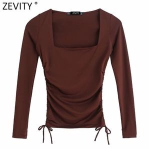 Women Simply Square Collar Solid Elastic Pleated Short Chic T Shirt Ladies Long Sleeve Casual Slim Crop Tops LS7650 210416