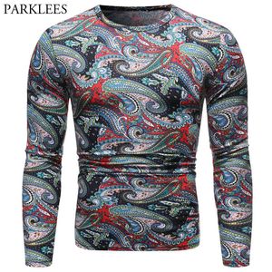 Homens Paisley Camiseta Outono Moda O Neck Mens Pulôver Tshirt Confortável Slim Fit Manga Longa Top Tees Homens XXL 210524