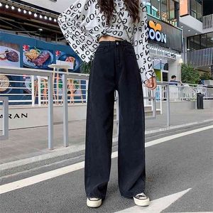 Slapbely kvinna svart jeans vår sommar vintage hög midja bred ben denim lång byxa mode hajuku rakt streetwear 210809