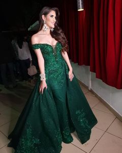 2021 Dark Hunter Green Suknie wieczorowe Overtkirts Off Ramię Keyhole Koronki Appliqued Crystal Koraliki Prom Dress Party Nosić niestandardowe czerwone dywan