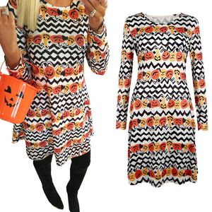 Halloween Party Kobiety Sukienki Jesień Zima Czaszka Drukuj O Neck Długi Rękaw Czarny Sukienka Plus Size Casual Slim Mini Dress Vestidos 210507