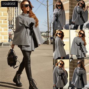 ISAROSE Women Houndstooth Tops Fashion High Neck Silk Belted One Size Short Capes Coat White Black All-match Streetwear Cloaks 210422