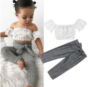 Retail Baby Girls Clothes Set Summer Off Shoulder Lace Crop Top and Plaid Pants Cute Streetwear Outfits E94033 210610