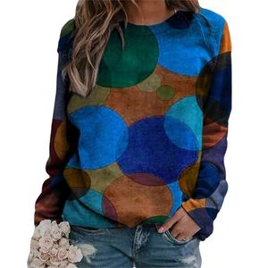 Kadınlar İlkbahar Sonbahar T-shirt Rahat Geometrik Daire Baskı Gevşek Tops Moda O Boyun Kazak Tees Boy Uzun Kollu 210522