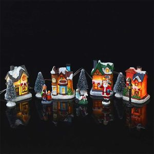 Christmas Village Set Christmas Decorate Santa Claus Resin Villa Ornaments 10 Pcs Luminous Snow House Gifts Tree Home Decoration 211104