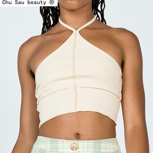 Chu sau beleza verão slim-apto halter linha brilhante decoração curta camisole mulheres colheita feminina feminina chique 210508