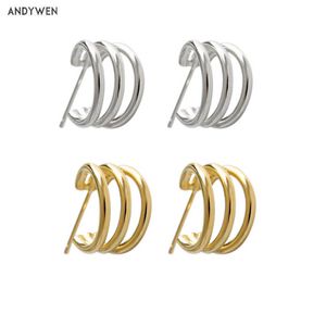 Andywen 925 Sterling Silver 9mm Trzy Circle Open Hollow Hoops Kobiety Piercing Rock Punk Luxury Party Jewelry 210608