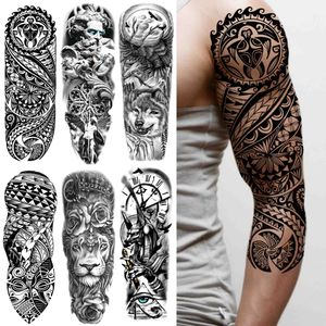 Temporary Tattoo Sleeve For Men Women Adult Wolf Lion Tattoos Sticker Black Large Turtle Tiki Fake Tatoos Supplies