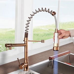 LED Light Kitchen Faucet Rose Gold LED Pull Down Spring Kitchen faucets Dual Swivel Spout Crane Hot Cold water mixer Taps