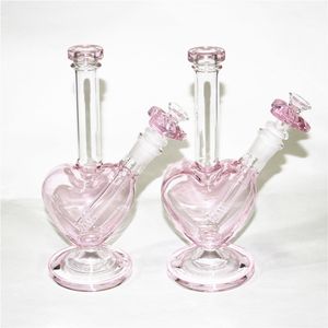 9Inch beautiful heart shaped Glass Bong Water pipes Hookah 14mm female joint Smoking Pipe Dab Rig with pink love dry herb bowl quartz banger nails