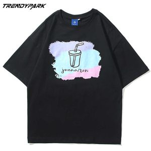 Men's T-shirt Milk Tea Printed Summer Short Sleeve Oversized Cotton Casual Harajuku Streetwear Top Tshirts Men Clothing 210601