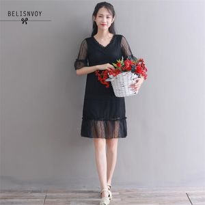 Mori Girl Summer Women Sweet Party Dress V-neck Hollow Out Corchet Elegant Vestidos Flare Sleeve Lace Patchwork 210520