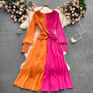 Europe Style Spring Autumn Elegant Women V Neck Long Sleeve Two-tone Dress Female Vacation Party Dresses Vestido 210428