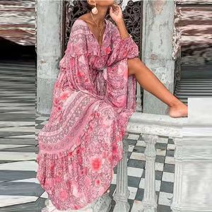 2021 Boho Floral Print Long Party Drwomen Elegant V Neck Lantern Sleeve Maxi DR2021 Vår Sommar Loose Lady Beach Dress X0621