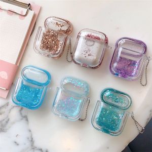 Glitter crystal Liquid airpods cases pearl Shell metal Keychain Silicone Headphone Earphone case for Airpod 1 2 pro air pods Glossy Wireless Headset earphones Cover