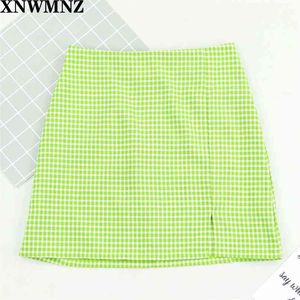 Green Plaid Soczny rozcięcie Bodycon Mini Spódnica Kobiety Dna Lato Streetwear Casual Linia Podstawowa Panie Płaszcze Spódnice 210520