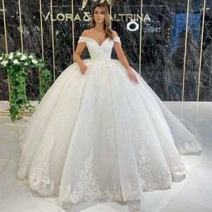 Abiti da sposa con applicazioni di pizzo scintillante Abiti da sposa con perline e spalle scoperte Abiti da sposa con paillettes Sweep Train Tulle robe de mari￩e