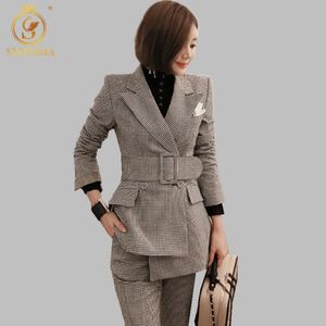 Pist Moda Houndstooth 2 Parça Set Kadın Iş Iş Giyen Pantolon Takım Elbise Ofis Lady 210520