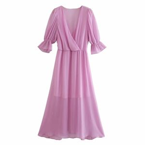 Sommar kvinnor vintage pläterad klänning solid v-hals långärmad chiffong es kvinnlig elegant gata fest lös vestido 210513
