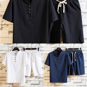 Nuevos pantalones cortos de manga corta con cuello en V de lino étnico para hombres de verano, traje de camiseta de manga corta grande y sólida para hombres X0610