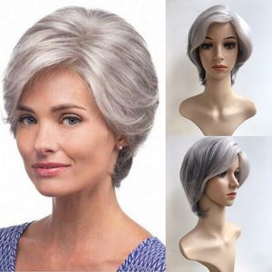 Kısa Saç Gri Gümüş Peruk toptan satış-Moda Kısa Gümüş Gri Afro Peruk Düz Sentetik Bob Peruk Doğal Saç Yaşlı Kadın Yok Dantel Saç Doctorta Direkt Dantel