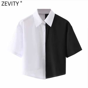 Zevity Kobiety Vintage Czarny Biały Patchwork Casual Smock Bluzka Kobieta Krótki Rękaw Koszula Chic Business Blusas Topy LS7694 210603