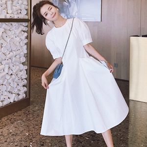 Verão moda elegante temperamento cor pura vento suave branco plissado em volta do vestido de manga folhada 16f1279 210510