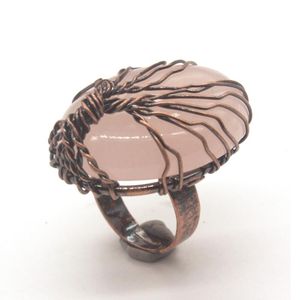 Vigselringar Trendy-pärlor Vacker koppar Wire Wrap Natural Rose Pink Quartz Engagement Ring för Kvinnor Design Smycken