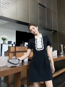 Estate nuova moda donna retrò elegante colletto alla coreana volant patchwork doppio petto manica corta a-line abito nero SML