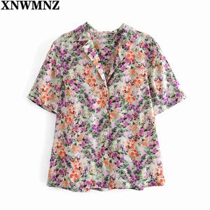 Summer Loose Floral Print Blouse V-Col V-Col Dames Manches courtes Vacances Femmes Streetwear Vintage Chemises Casual Tops 210520