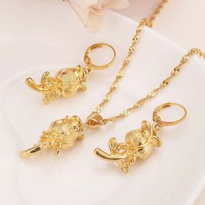 18 k solid fine gold G flower pendant Earrings rose Bridal Jewelry Set Women girls charm party gift