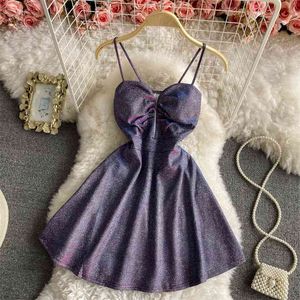 Summer Sequin Fashion Strap Vestidos Feminine V-neck A-line Breastless Temperament Mini Dress C838 210506