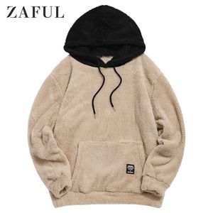 ZAFUL Winter Colorblock Spleißen Kunstpelz Flauschige Hoodies Männer Langarm Pullover Frauen Sweatshirt Kordelzug Tops Casual Hoodie Y0809