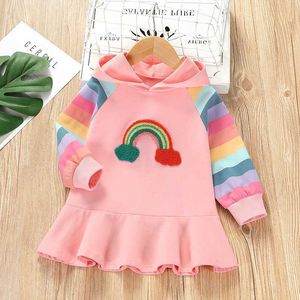 Girls Dress Spring Summer Autumn New Fashion Baby Clothes Rainbow Colorful Stripe Stitching Long Sleeve Hooded Ruffles Dresses Q0716