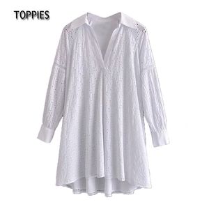 Toppies Sommerblusen-Kleider, weiße Baumwolle, ausgehöhltes, besticktes Minikleid mit langen Ärmeln, 210412