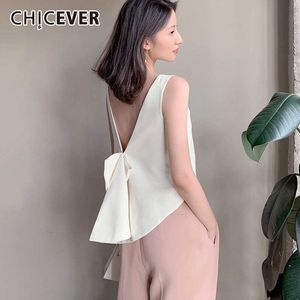 CHICEVER Korean Lace Up Bowknot Women's Vest O Neck Tank Sleeveless Backless Large Size Loose Female Vests Fashion 211008