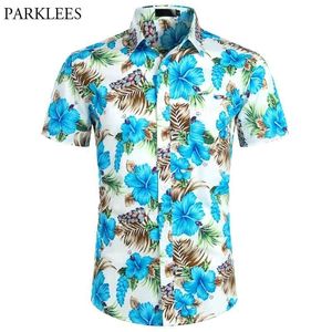 Blue Floral Printed Beach Hawaiian Shirt Men Summer Short Sleeve Mens Tropical Aloha Shirts Male Party Holiday Clothing 2XL 210522