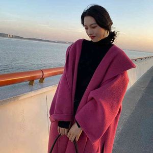 Vinter Solid Loose Hooded Woolen Coats Kvinnor Elegant Sashe Pocket Warm OuterWears Oversize Streetwear 210510