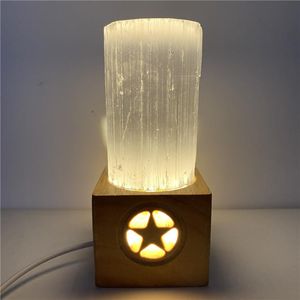 Obiekty dekoracyjne Figurki Naturalne Selenite Gips Cylindryczna Lampa Sparcrystal Nowoczesne Marokańskie Ozdoby Kryształowe Ozdoby Figurki Craft Hom