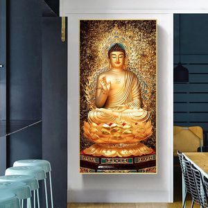 Goldene Buddha-Gemälde, Wandkunst, Poster und Drucke, Buddhismus, Leinwandgemälde, religiöse Bilder, Wohnzimmer, Heimdekoration