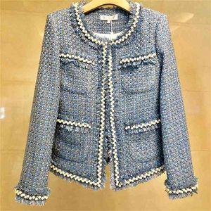 Womens Tweed Jackets Plaid Coats Autumn Small Fragrance Long Sleeve Elegant Tassel Open Stitch Outerwear 210603