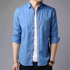 Casual Pure Cotton Men Denim Shirt Long Sleeve Slim Fit Jeans Fashion Design Solid No Fade Male Blouse G0105